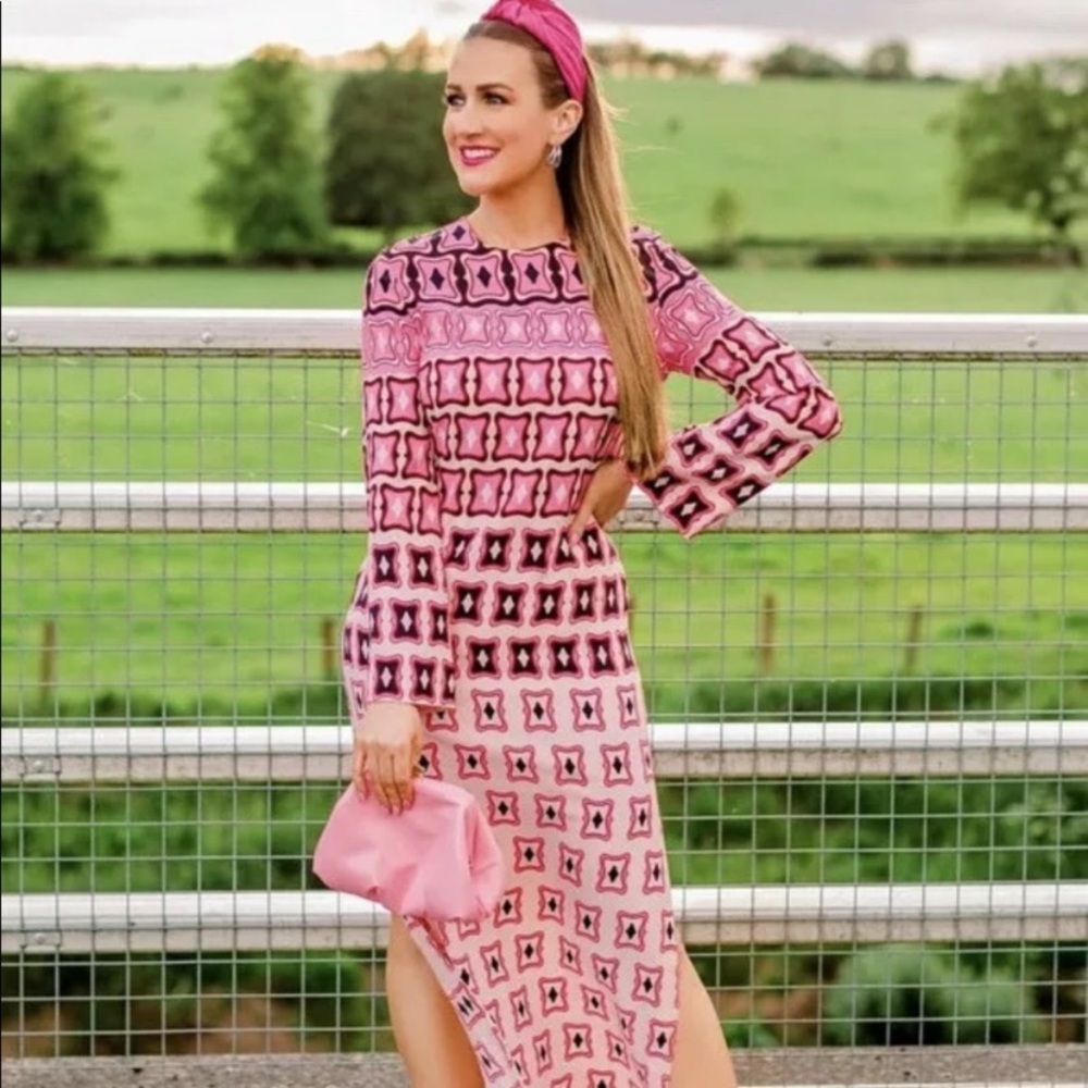 ZARA GEOMETRIC PRINTED MIDI DRESS PINK Small